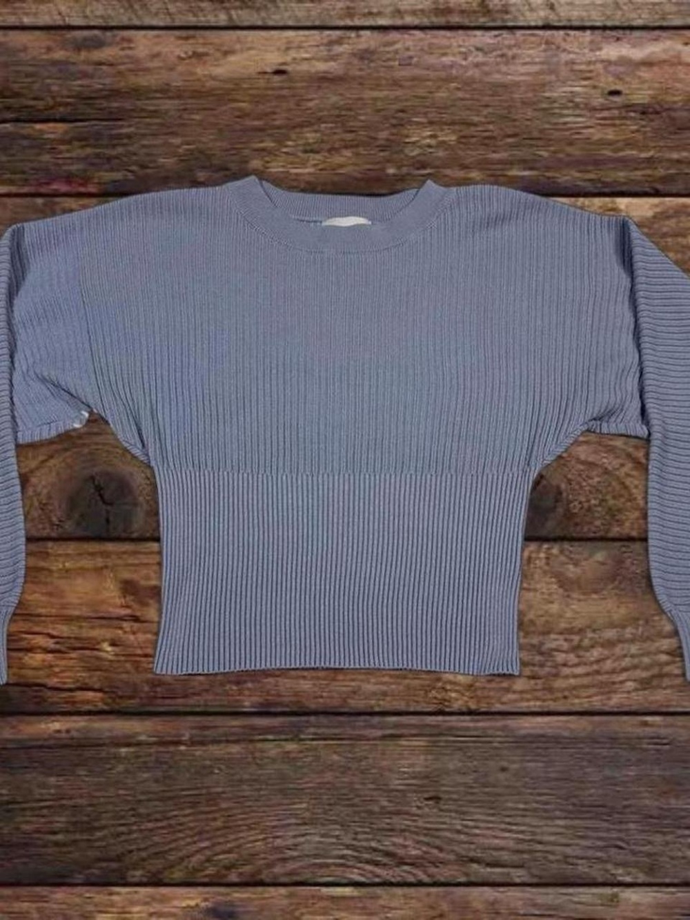 Pink Rose Ribbed Scoop-Neck Crop Sweater in Light Blue